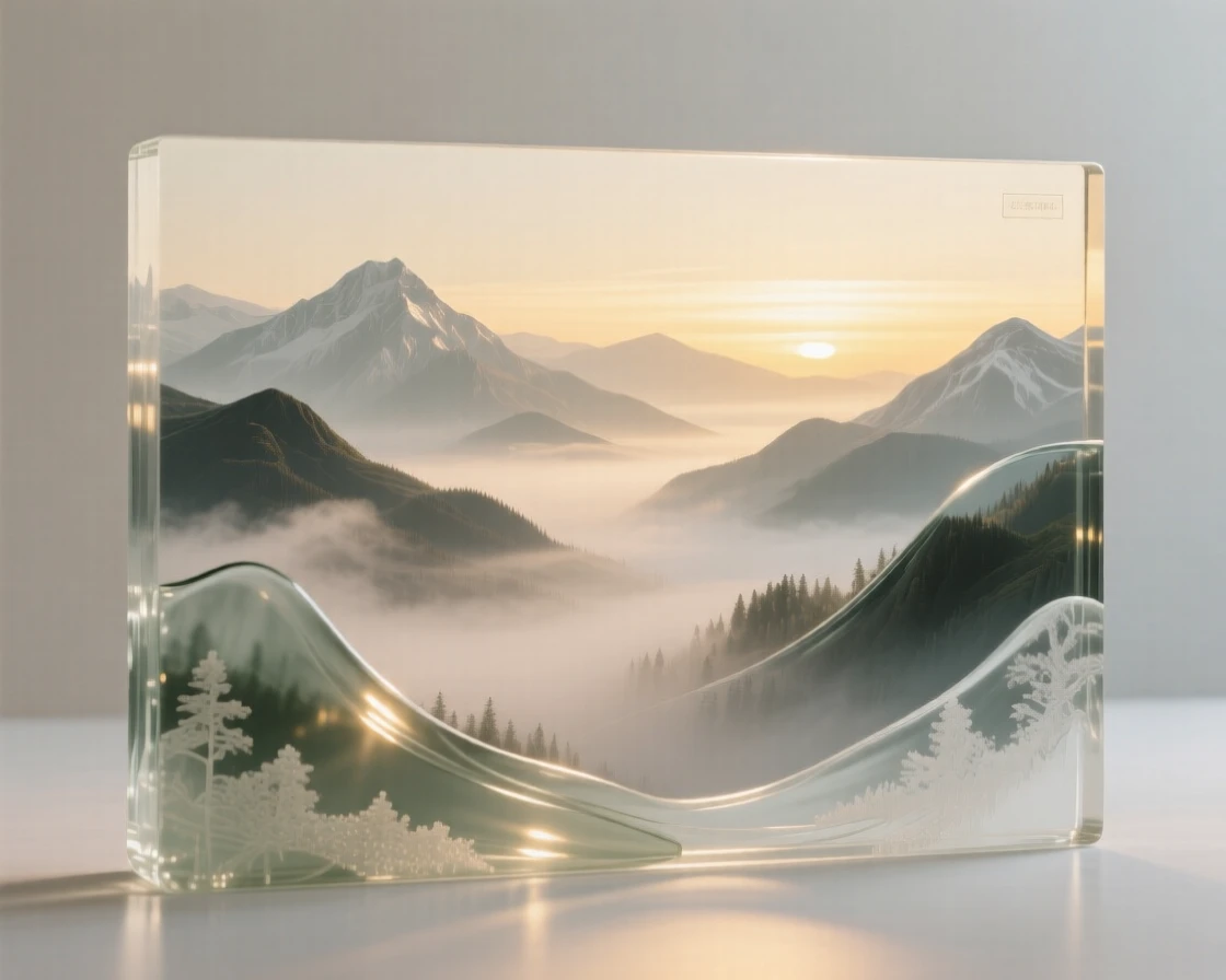 A misty mountain valley at dawn, captured in soft golden light with layers of atmospheric depth, evoking peace and quiet grandeur.