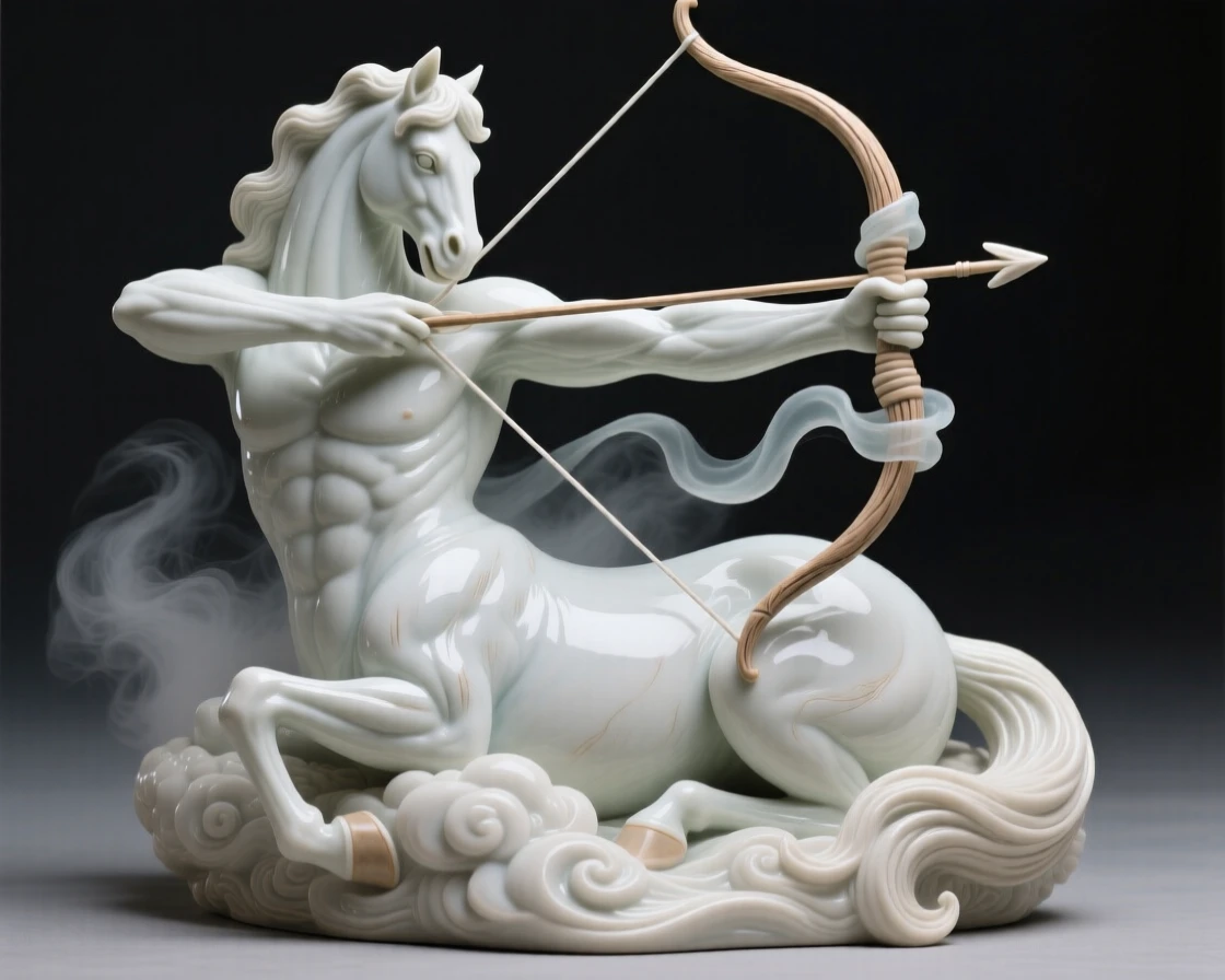 A centaur drawing back a bow curled peacefully in a nest of clouds, wrapped in wisps of enchanted mist, capturing the enchantment of forgotten legend.