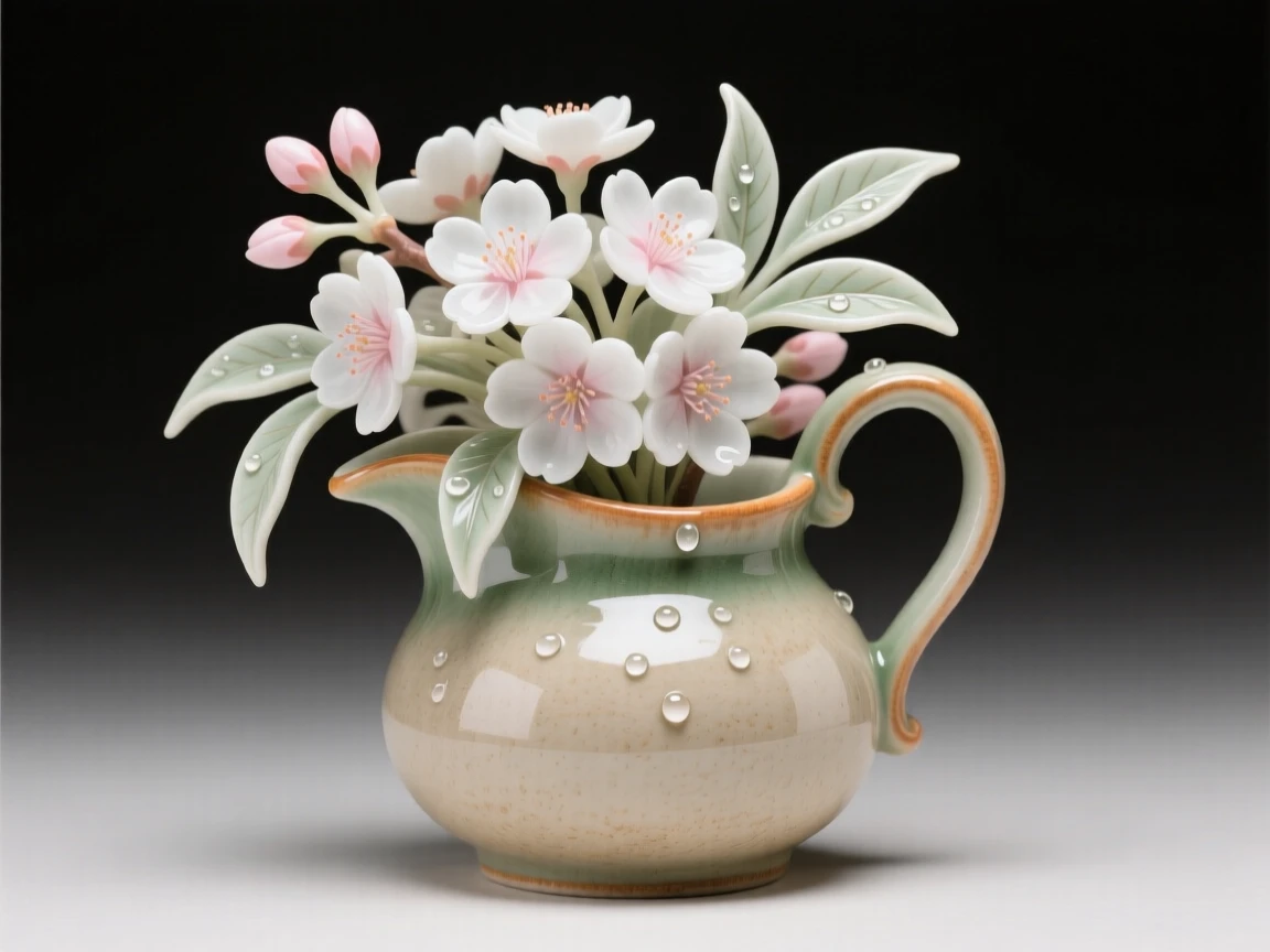 A lush arrangement of cherry blossoms in a rustic pitcher, dew still clinging to the leaves.