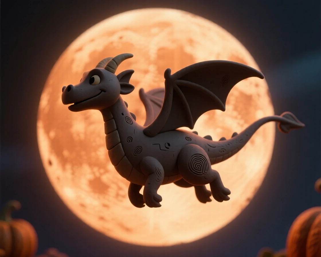 A dragon's silhouette flying across a full harvest moon