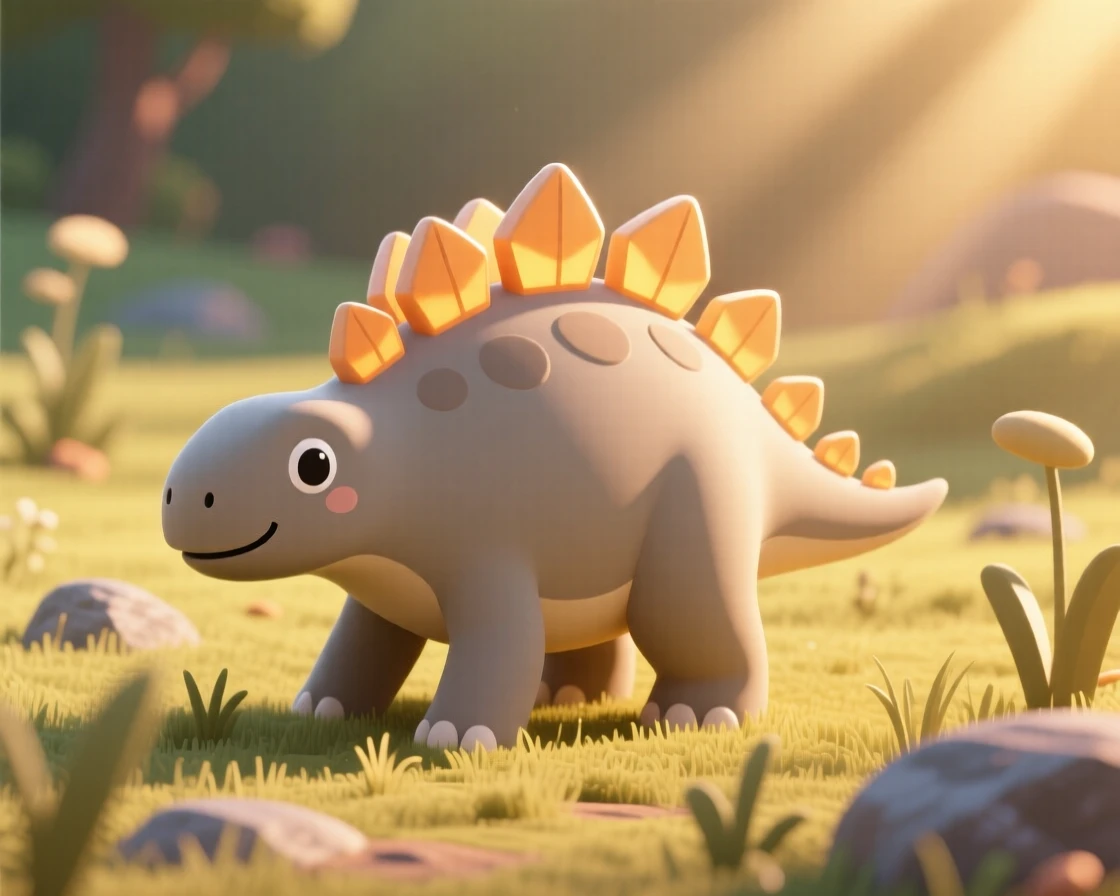 A gentle Stegosaurus wanders through a sunlit prehistoric meadow, plated spikes glowing amber in the afternoon light.