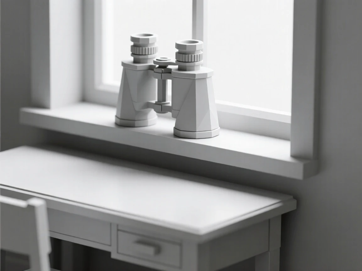 A pair of vintage binoculars on a windowsill, on an antique writing desk. a shallow depth of field isolates the main object. There is a calm, contemplative stillness.