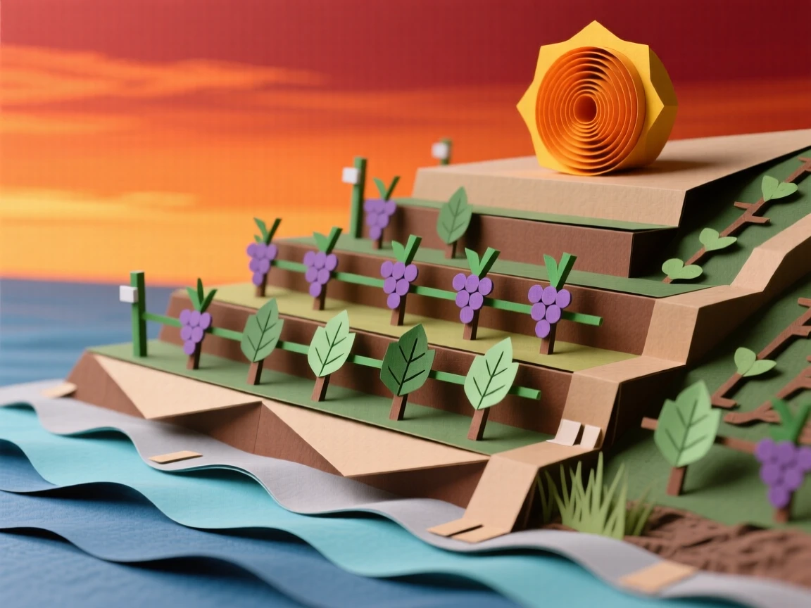 A terraced hillside vineyard at dusk under a blazing orange sunset, with gentle waves lapping against the shoreline, conveying quiet wonder and stillness.