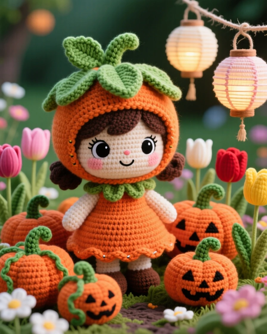 a little girl in a pumpkin costume, with an orange dress and a leafy hat, is shown sitting in a patch of ripe pumpkins in a blooming spring garden full of tulips beside a cluster of paper lanterns swaying gently, capturing cozy holiday warmth and togetherness.