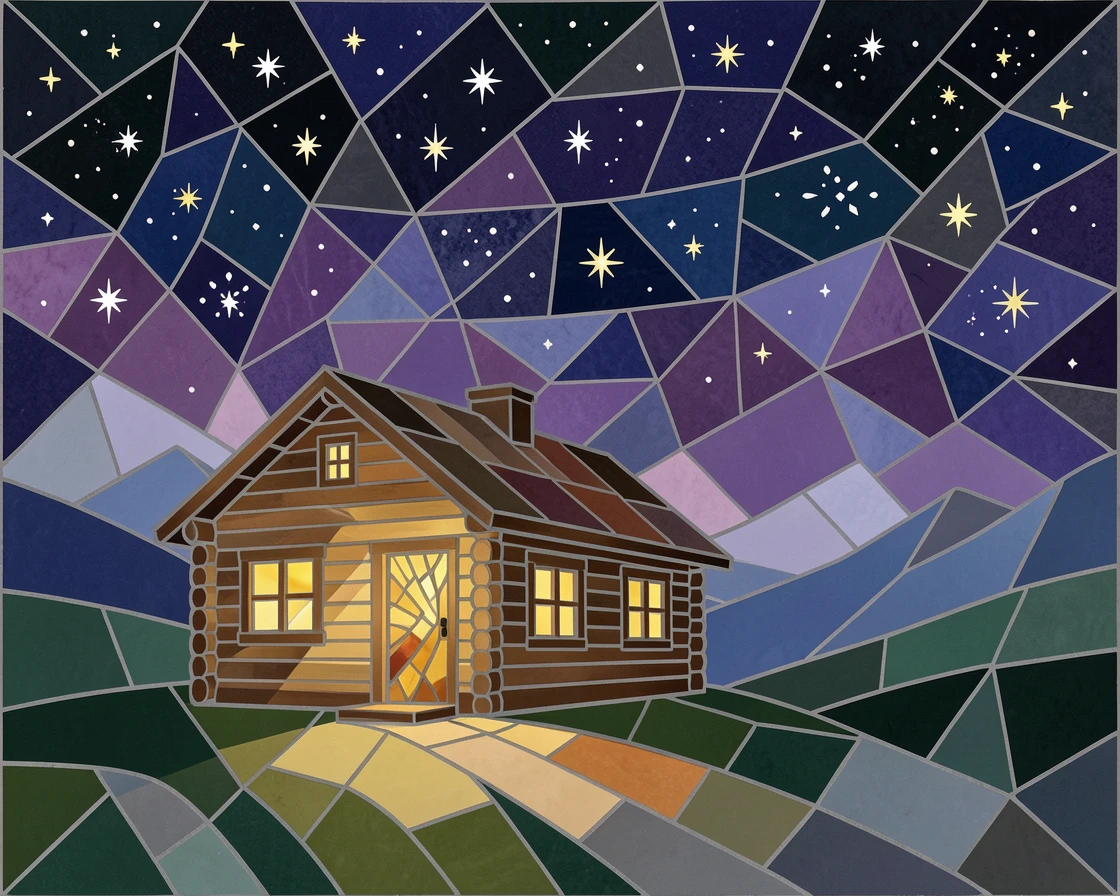 A quiet mountain hut glowing warmly beneath a blanket of stars.