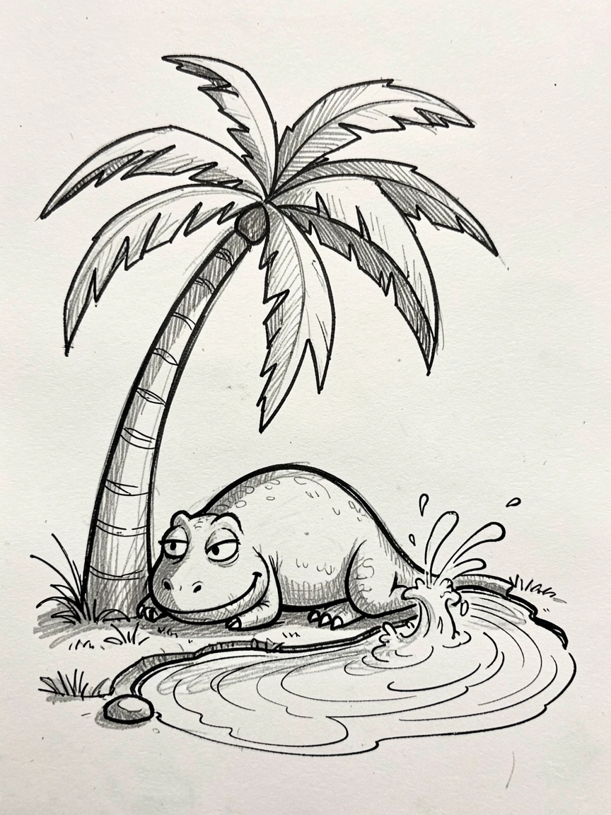 A dinosaur napping under a palm tree beside a bubbling prehistoric spring.