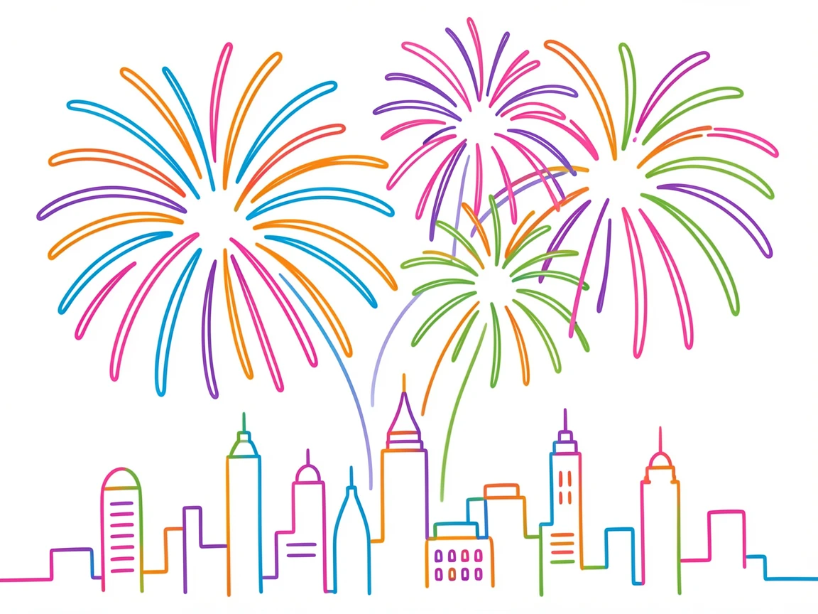 Fireworks bursting over a city skyline during a New Year's Eve celebration.