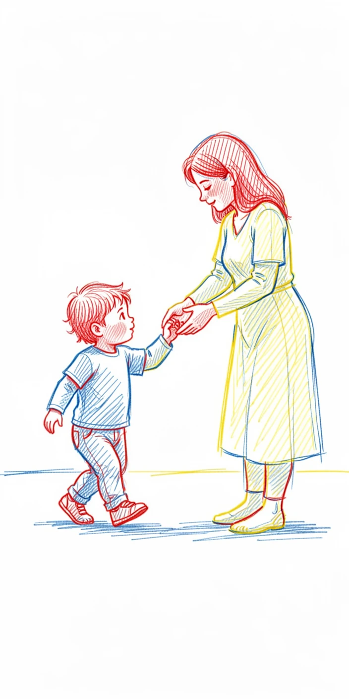 A toddler taking his first wobbly steps toward his mother's open arms