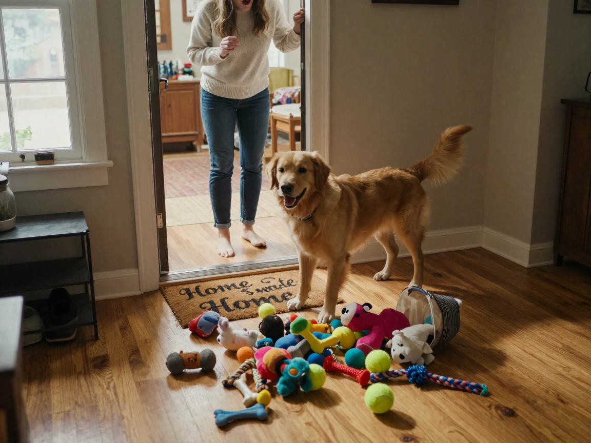 A dog greets its owner at the door with an entire toy basket dumped at their feet.