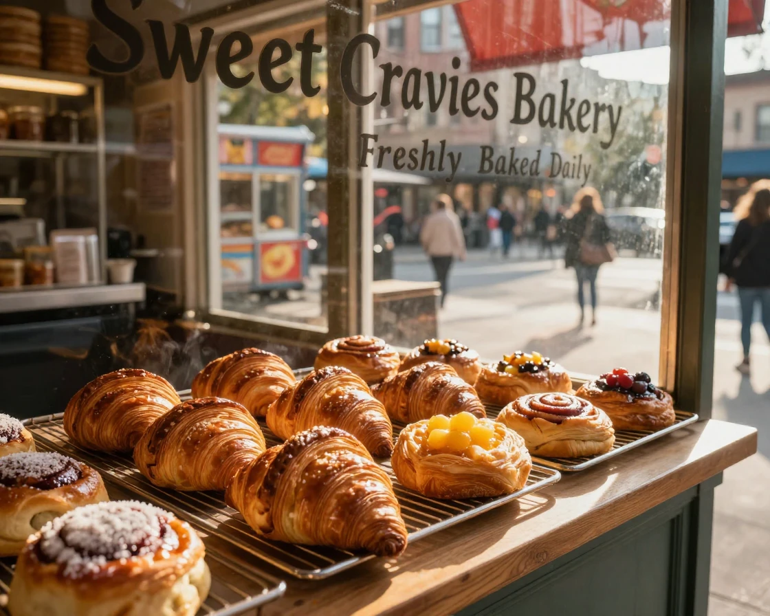 A row of fresh pastries cooling in a small bakery window at a lively street food stall