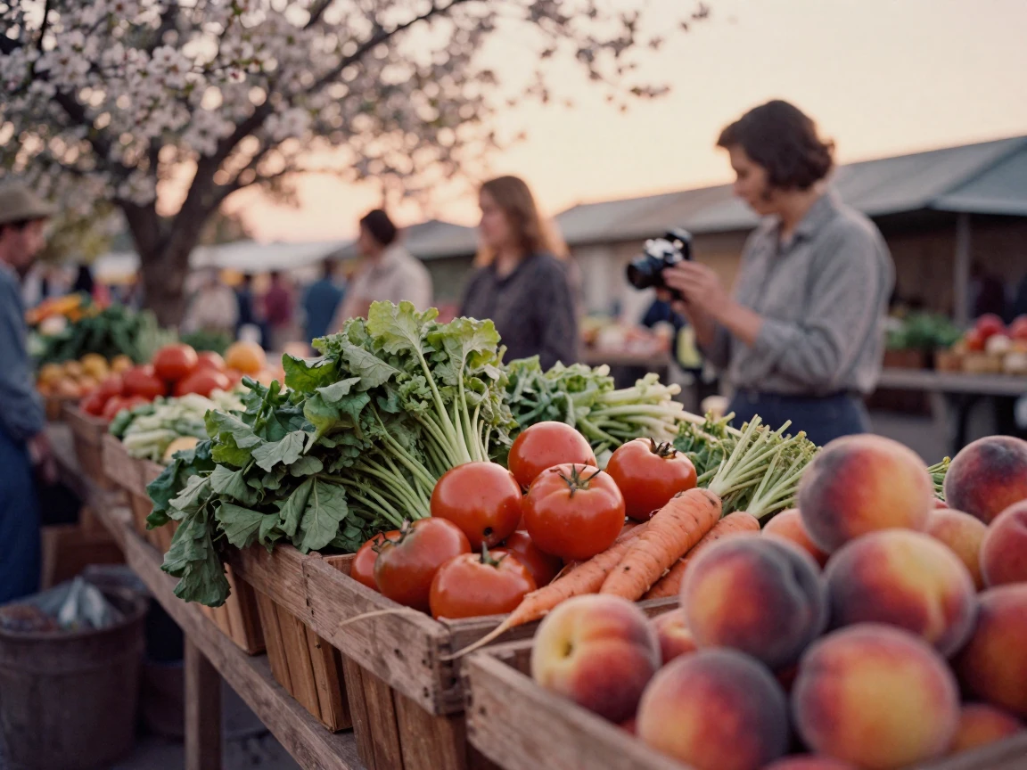 A bustling farmers market with crates of fresh vegetables and fruit, in the last light of dusk, in still, windless air, as spring blossoms unfurl, in earthy terracotta and ochre shades, in a tight close-up.