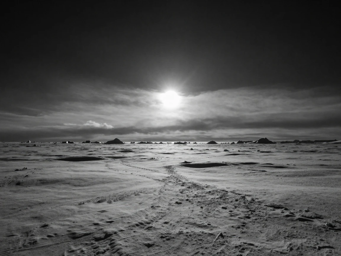 A solar eclipse casts a dark shadow over the landscape over a snow-covered arctic horizon.