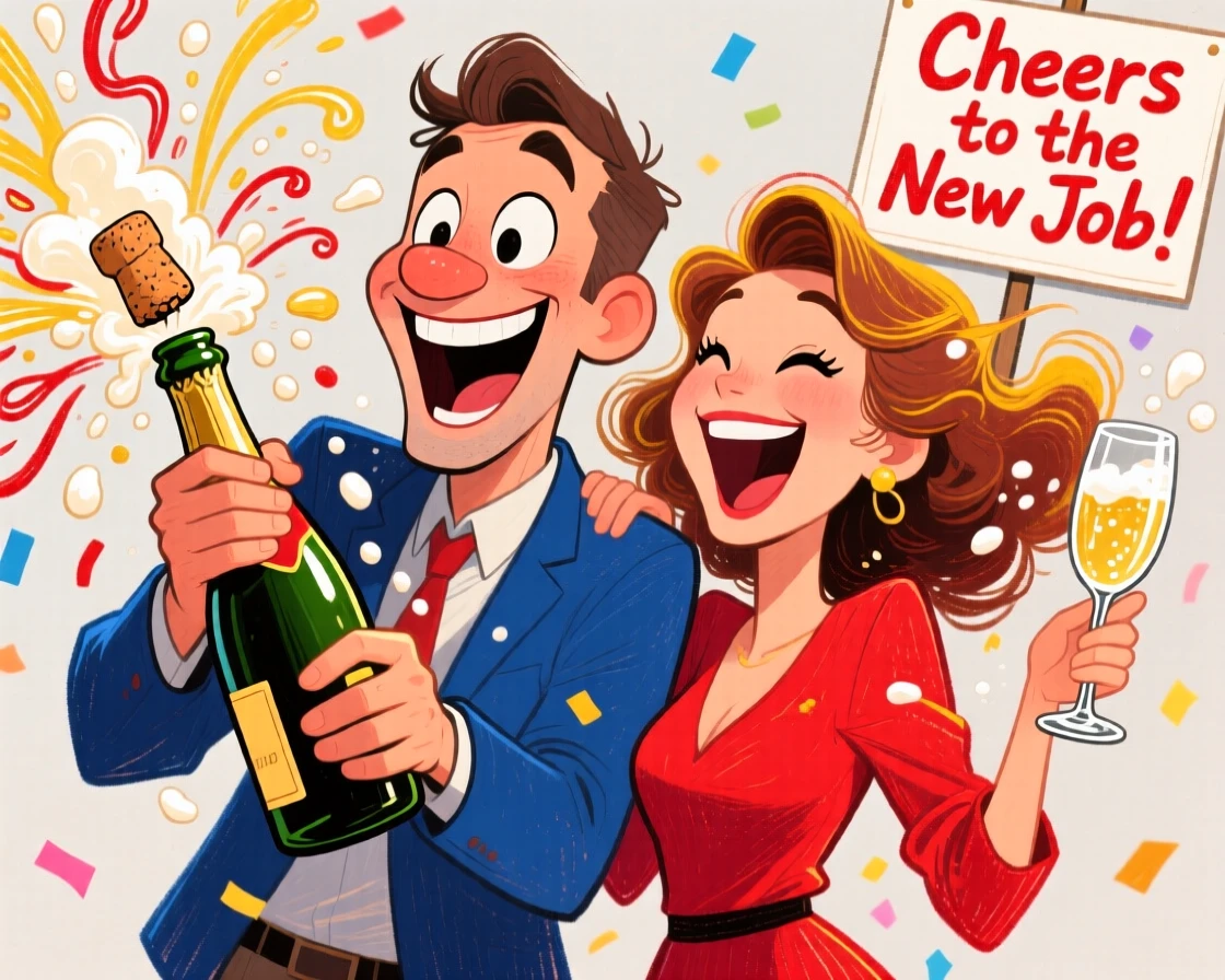 A couple opening a bottle of champagne to celebrate a new job, foam spraying everywhere.