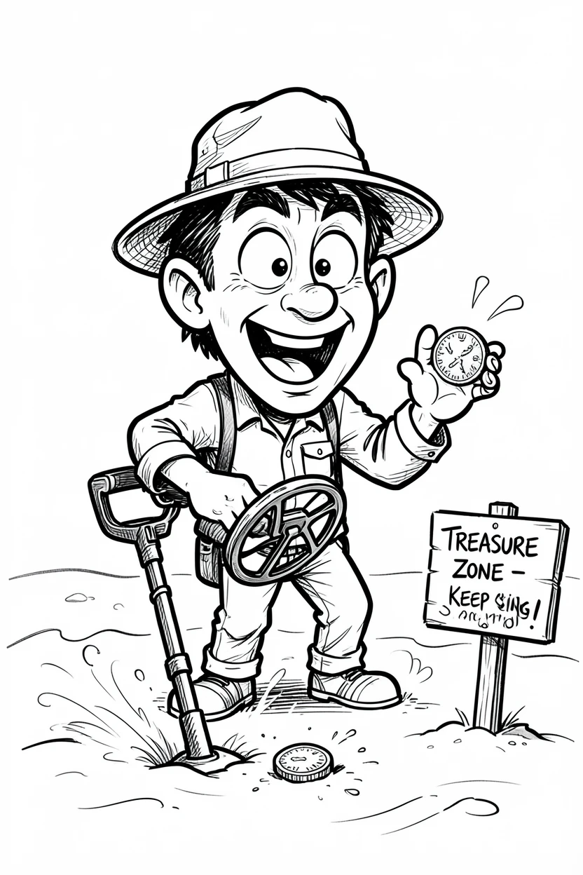 [Occupations & Hobbies] Detailed scene of a passionate metal detectorist unearthing an old coin at the beach, showcasing skill and dedication