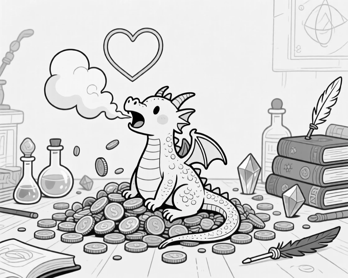 A tiny dragon hiccuping puffs of smoke, burping out a smoke ring shaped like a heart, set inside a wizard's cluttered study. A pile of gold coins spills comically across the floor. The image invites you to imagine the tale behind the mishap.
