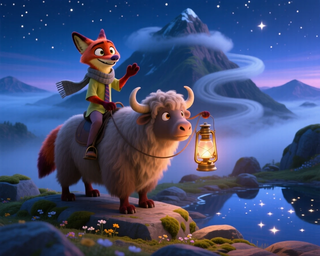 A talking fox with a lantern stands atop a mountain wrapped in swirling mist, riding on the back of a friendly creature. A quiet magic hums softly throughout the scene, with stars reflected in a nearby pool of water.