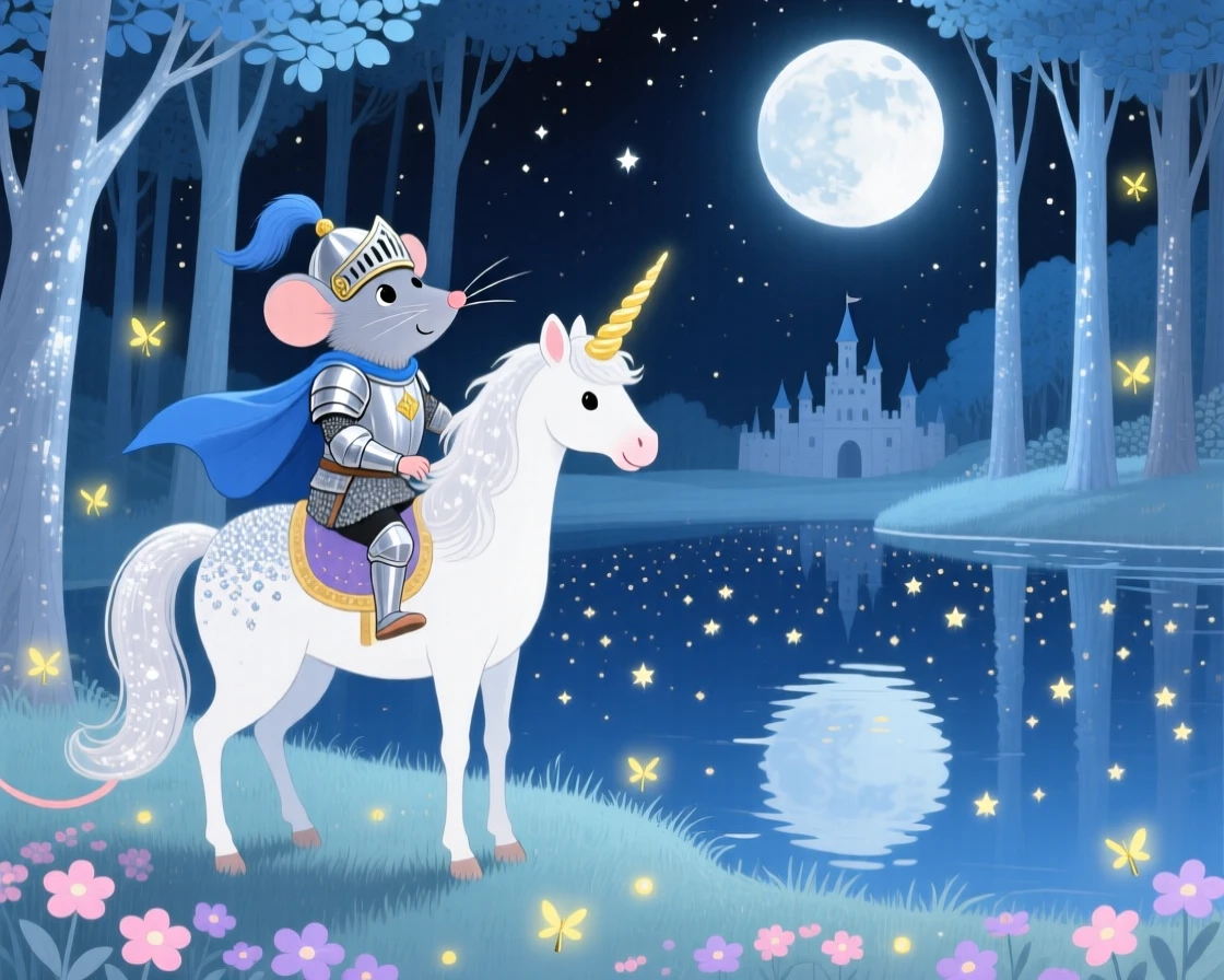 A tiny castle mouse knight pauses from riding a unicorn through a moonlit forest to marvel at a starlit lake, with the whole scene bathed in soft moonlight.