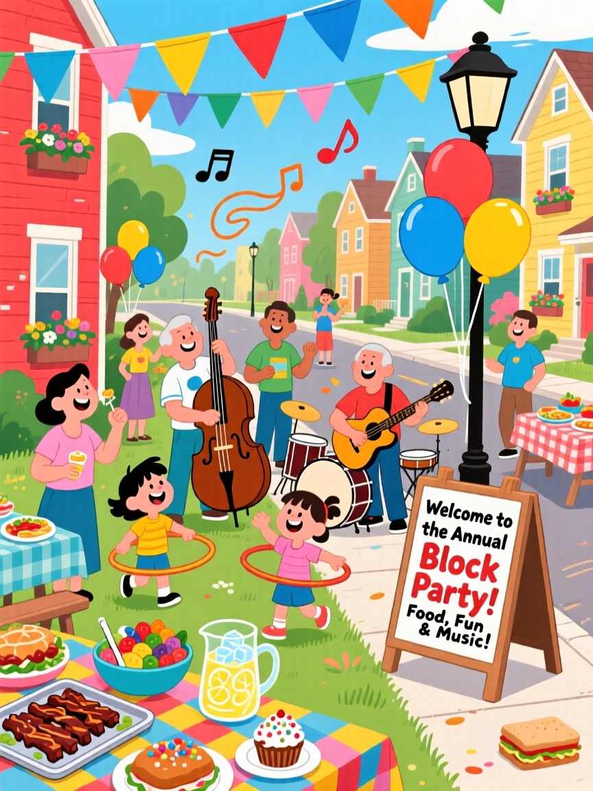 A block party with neighbors sharing food and music in the street.