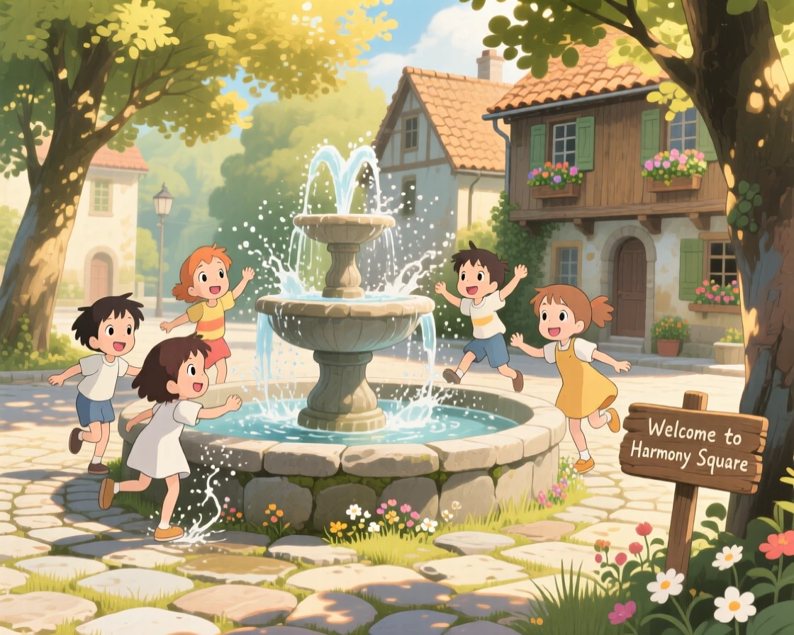 A summer scene of kids splashing in a fountain on a hot afternoon, with soft light filtering through the atmosphere.