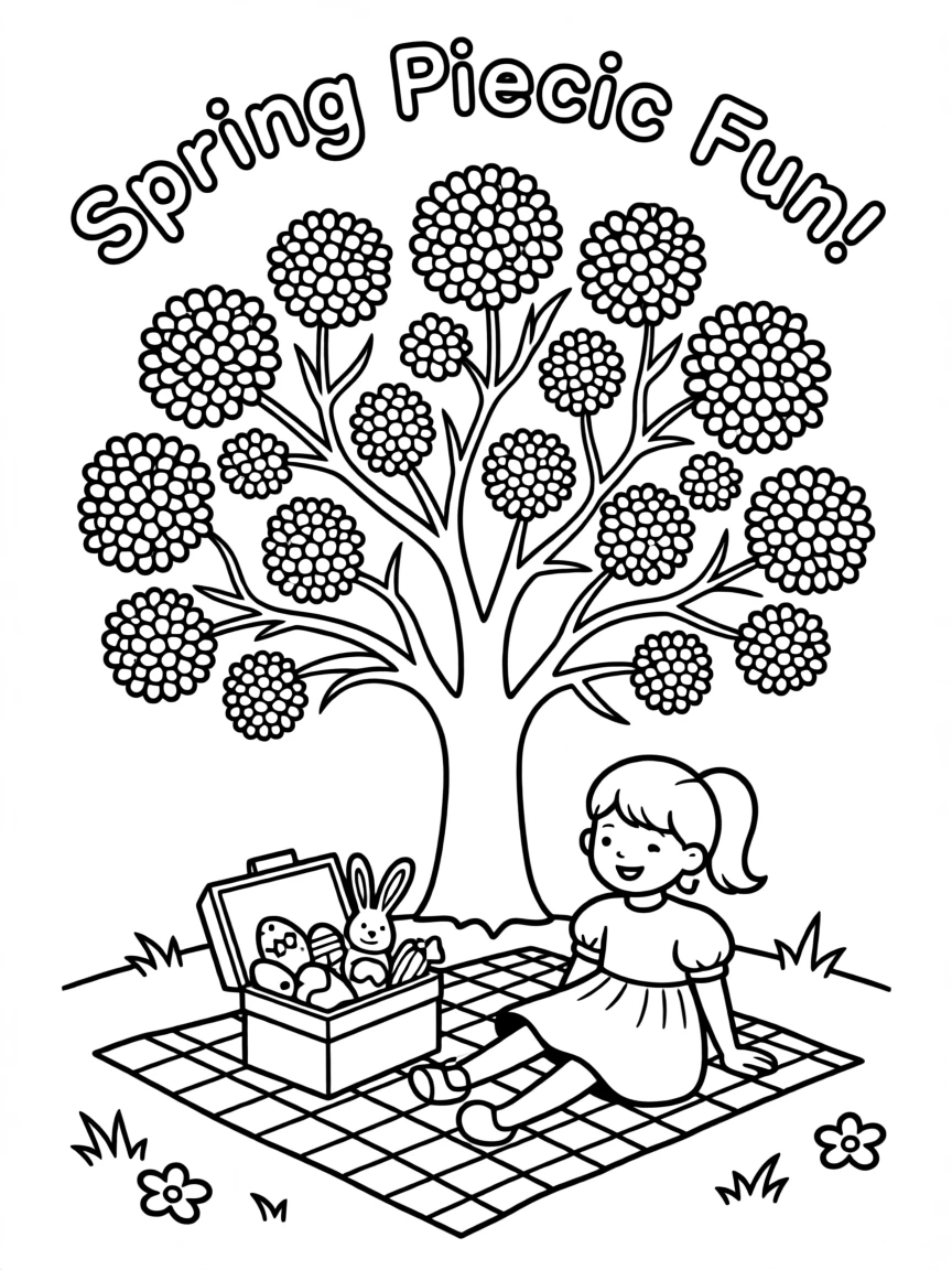 A spring picnic with a basket of Easter treats under a blossoming tree