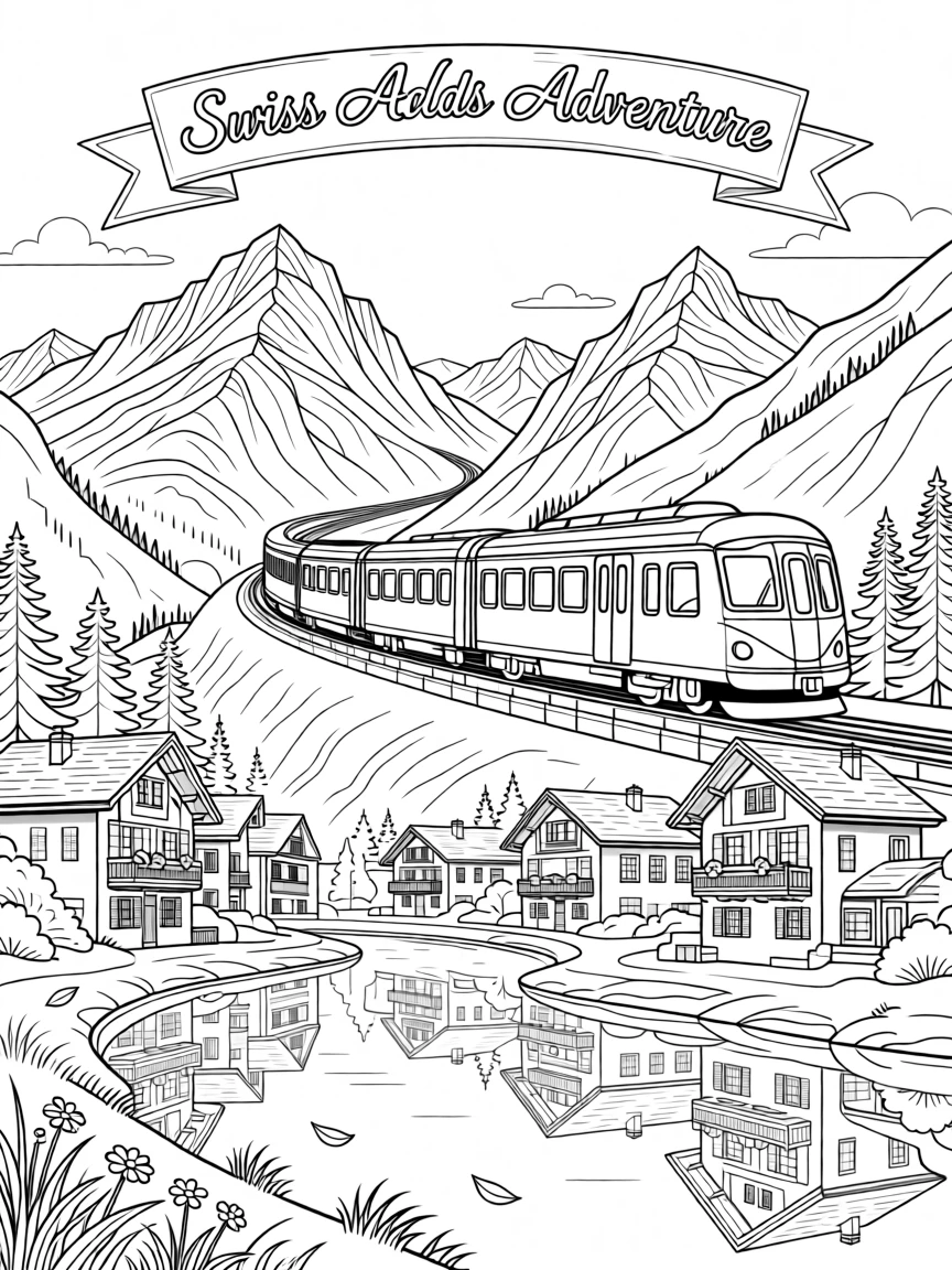 A train winding through the Swiss Alps, with a river reflecting the surrounding architecture.