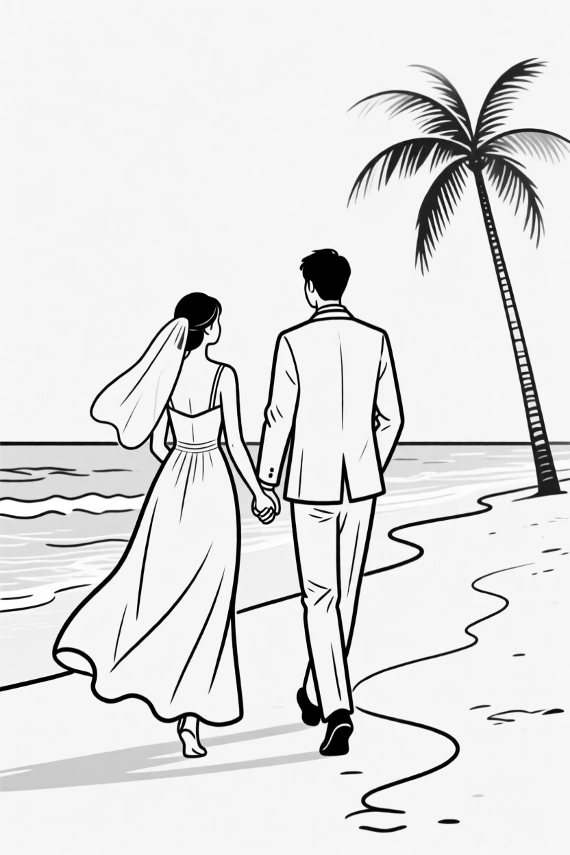 Newlyweds walking hand in hand along a beach