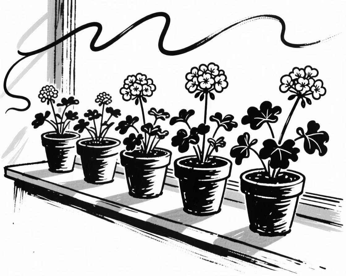 A row of potted geraniums lining a sunny windowsill.