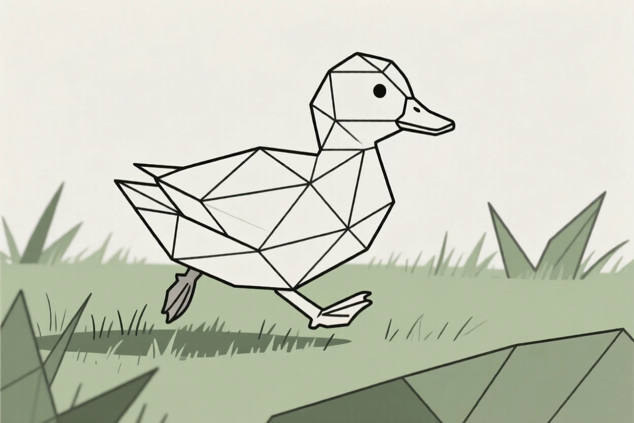 A pet duckling waddling across a lawn