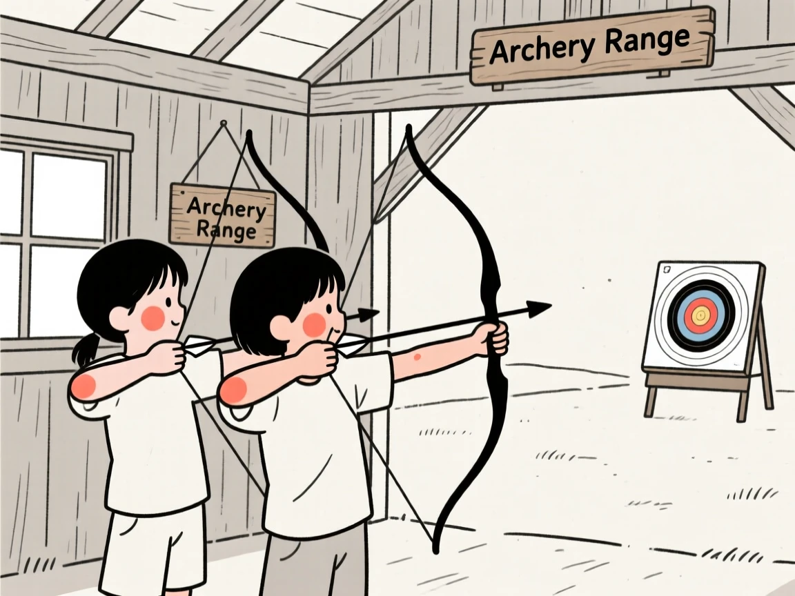 Close childhood friends practicing archery at an outdoor range, in a rustic barn.