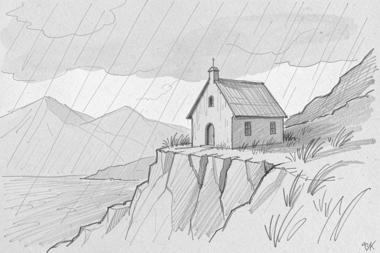 A coastal cliffside chapel during a quiet rain shower, with distant mountains framing the skyline.