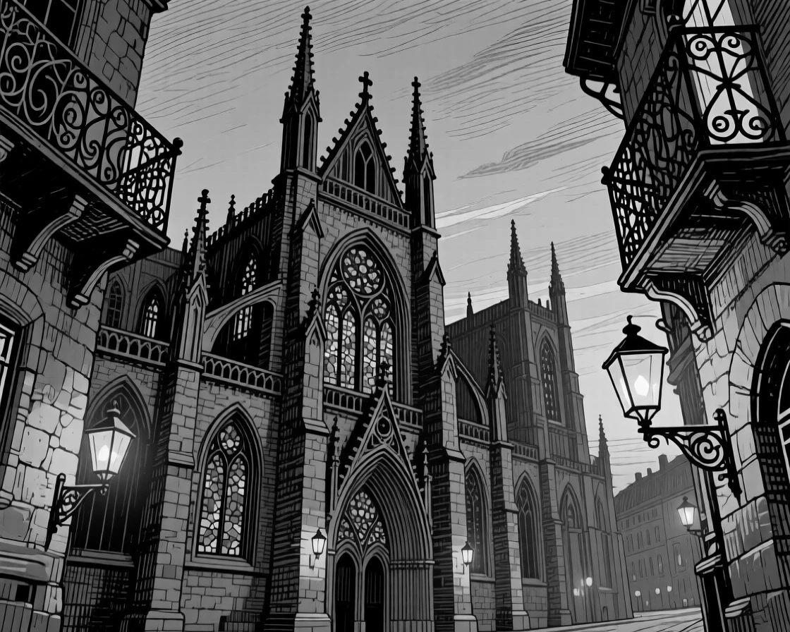 A grand gothic cathedral with lanterns beginning to glow at dusk, featuring wrought-iron balconies overhead, rendered in a romantic and storied architectural composition.