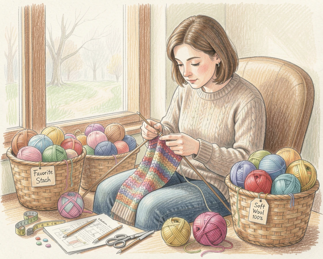 A knitter surrounded by baskets of colorful yarn by a window, surrounded by tools and materials that tell their own story, designed to feel calming and inspiring.