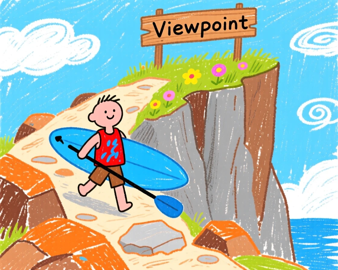 A paddleboarder climbing toward a dramatic cliffside viewpoint.