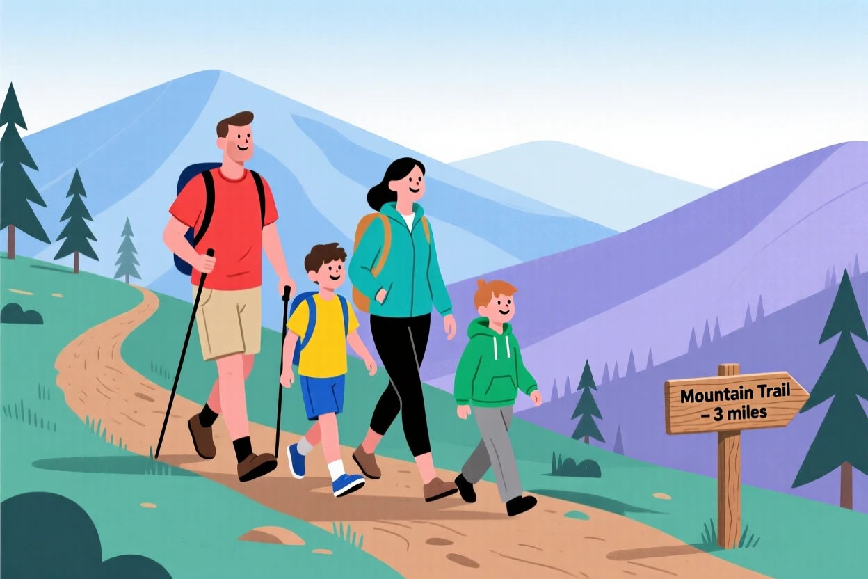 A family of four hiking together along a scenic mountain trail.
