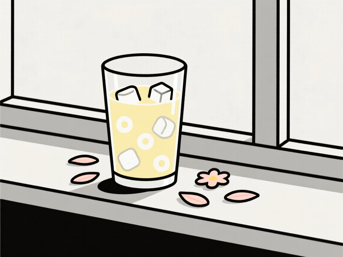 A homemade glass of iced lemonade cooling near scattered flower petals on a café windowsill, expressing simple satisfaction.