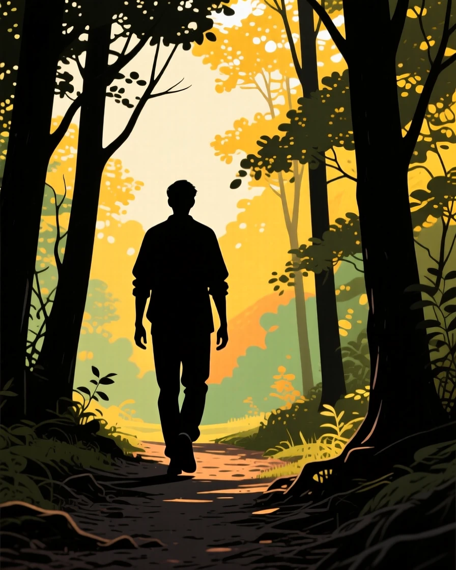 A person walking slowly along a quiet forest trail dappled with sunlight.
