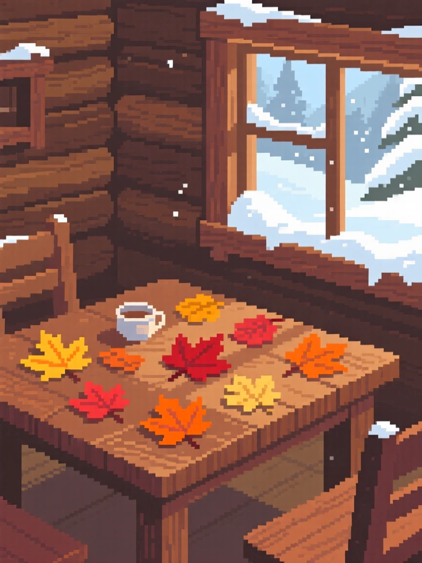 A tea room table scattered with autumn leaves blown in from outside, inside a snowbound mountain cabin.