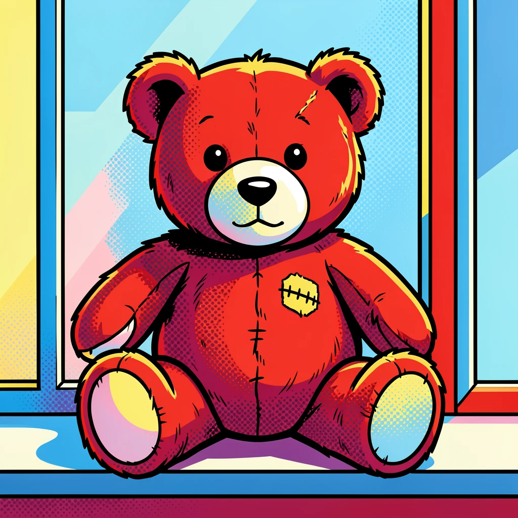 A worn teddy bear sitting on a windowsill in soft light