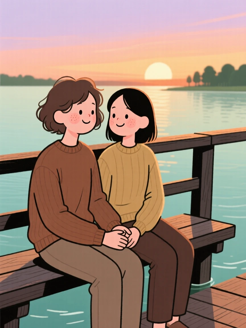 A couple shares a quiet moment on a pier railing at sunset, holding hands in comfortable silence as the last light fades over the water surrounds them.