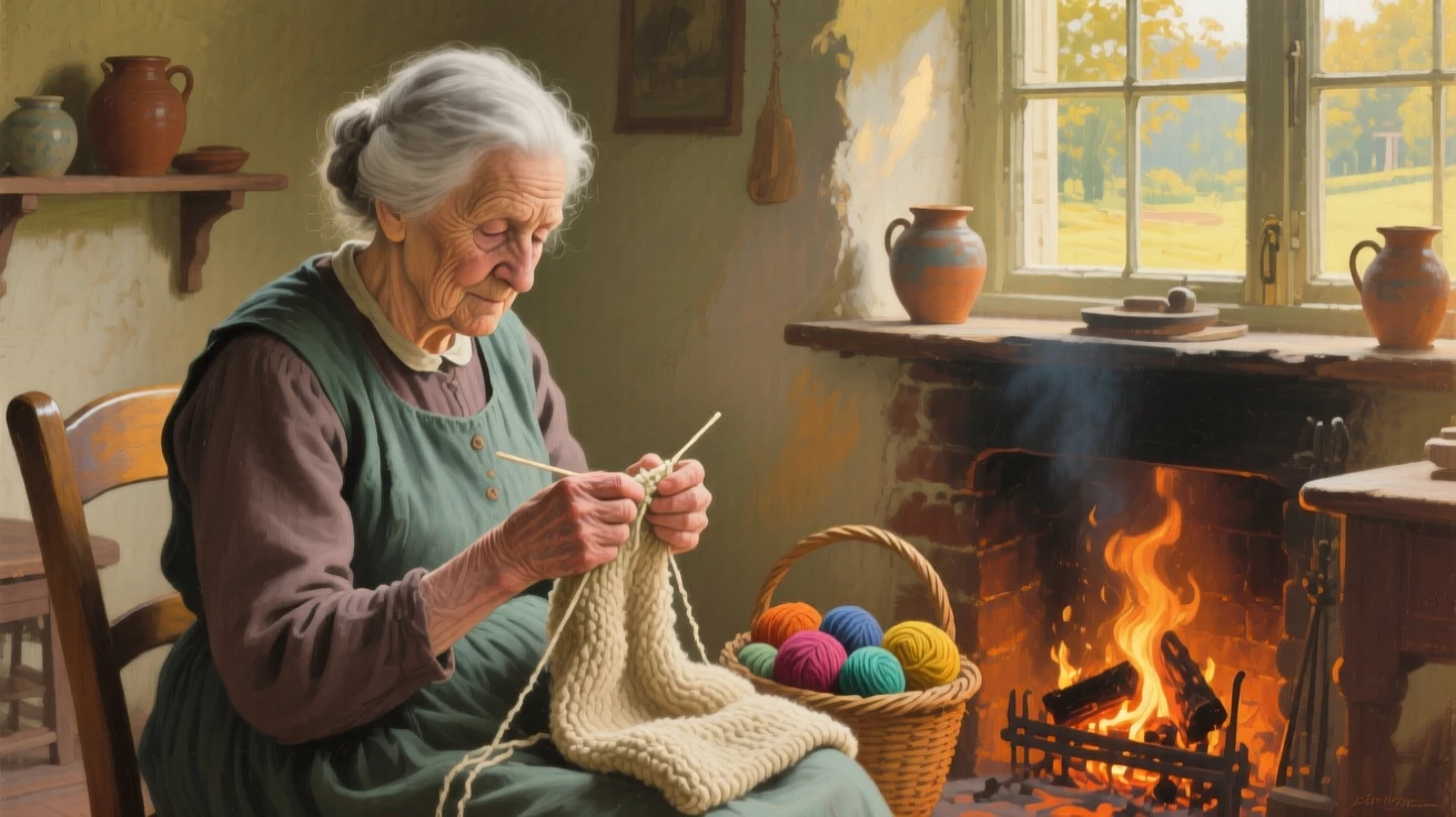 A close-up portrait of a grandmother knitting by a crackling fireplace, in bright warm sunshine, in a small English village.