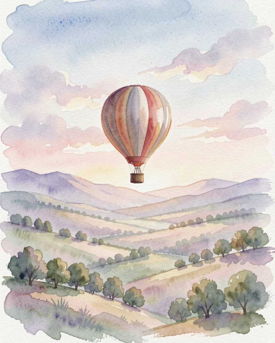 A hot air balloon drifting silently over a peaceful valley under a soft and peaceful light.