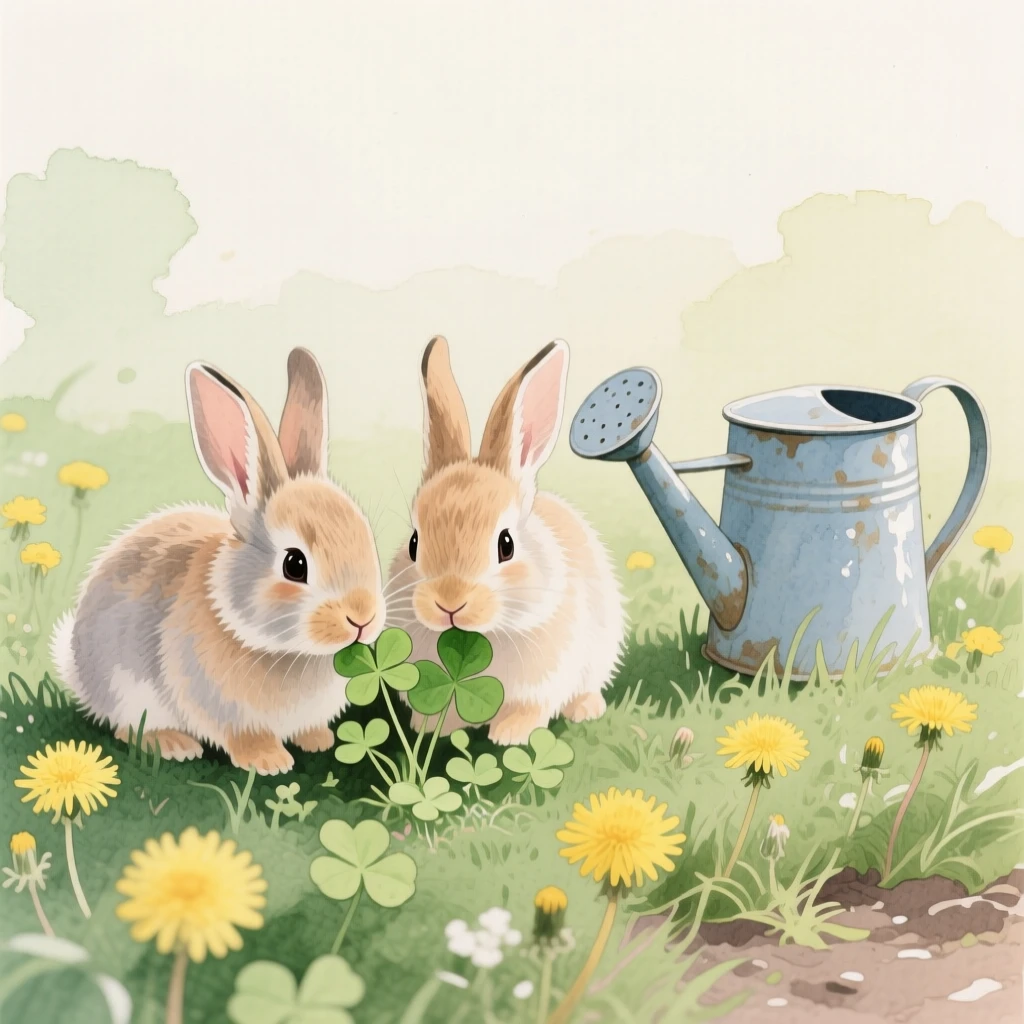 Two baby bunnies nibble clover in a garden patch, long ears twitching, surrounded by dandelions and a tipped-over watering can