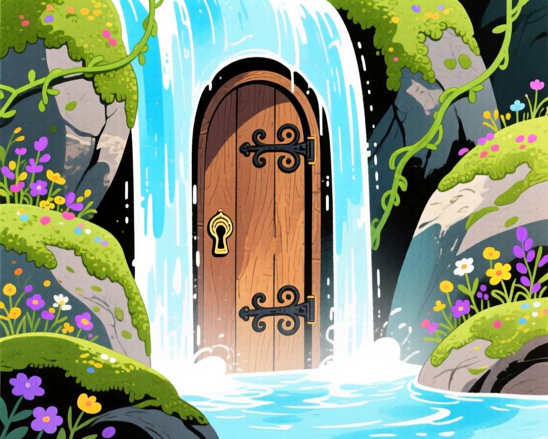 A wondrous view of a secret door hidden behind a waterfall.