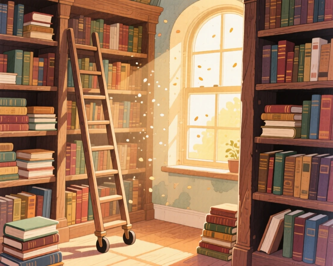 A cozy library corner with a rolling ladder and shelves stacked with old books, with sunlight catching dust motes in the air, evoking a gentle, unhurried happiness.