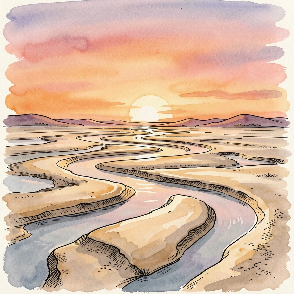 A wide river delta braided with sandbars at low tide, the last rays of sunset painting the sky in warm color.