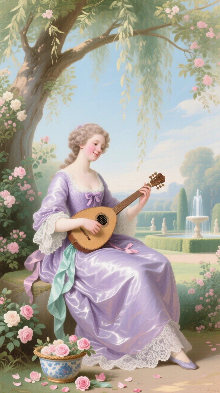 A noblewoman playing a mandolin beneath a willow tree  