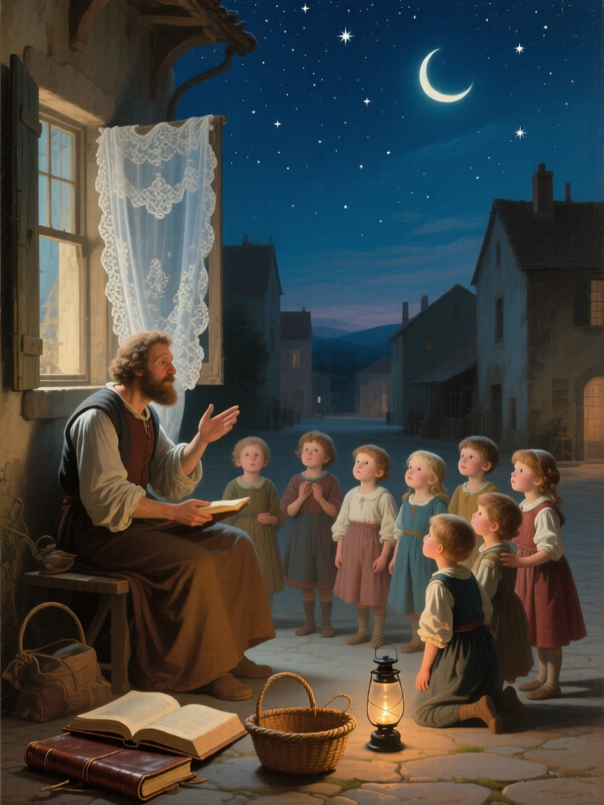 A storyteller enchanting a circle of children beneath a starry sky at the story's most enchanting and memorable turn, set beneath a canopy of stars over a sleepy village square, with a crescent moon rising behind delicate lace curtains; foreground props hint at the tale without overwhelming the central figure, capturing the enchantment of tales passed down through generations.