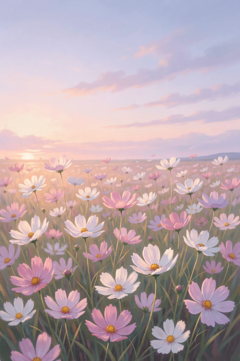 A field of blooming cosmos flowers swaying gently in a warm breeze beneath a pastel evening sky.