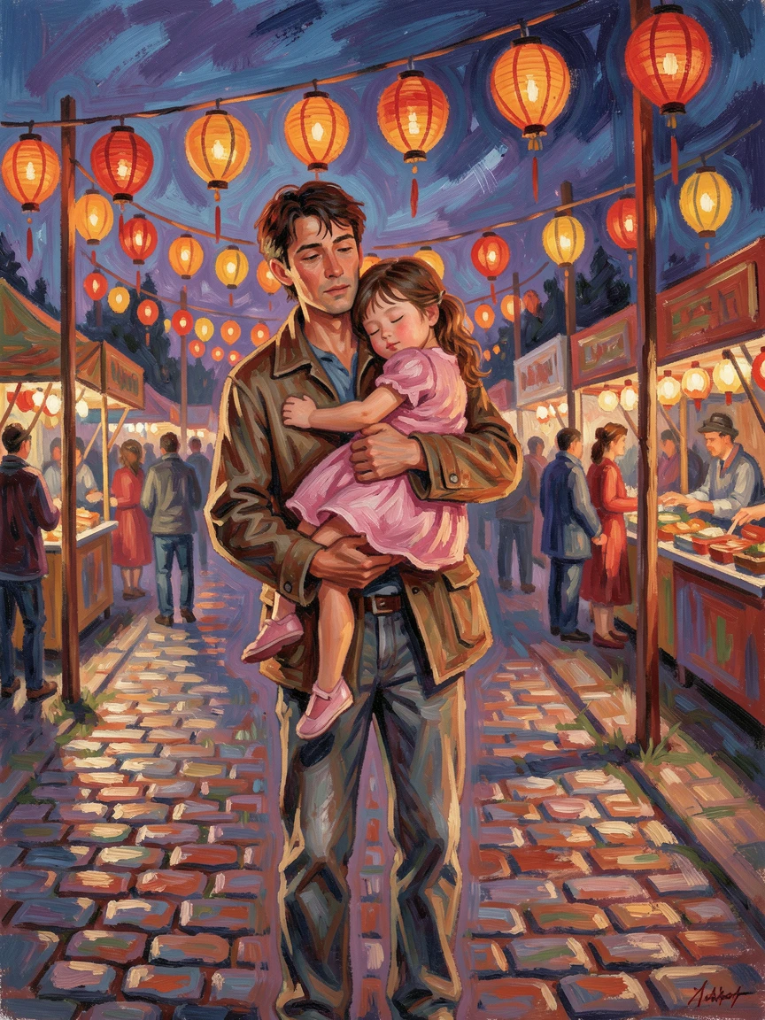 A young father carrying his sleeping daughter home from a fair, lanterns glowing behind them.