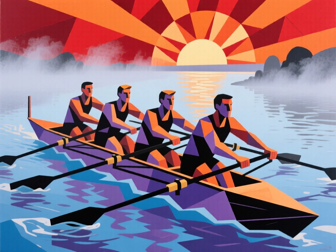 An energetic scene of a rowing team gliding across a misty river at dawn, captured as the sun rises over the horizon.